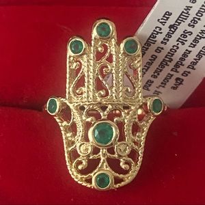 14k Yellow Gold Plated Green Onyx Genuine Gemstone Hamsa Hand Ring size 7